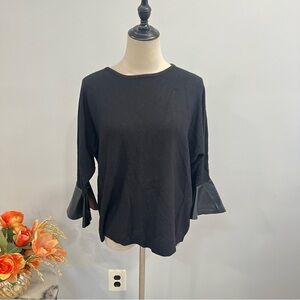 Sioni Milano Black Elegant Top With Ruffle Faux Leather Sleeves Size M